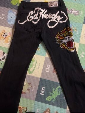 Ed Hardy Black Jeans with Multicolor Tiger Embroidery